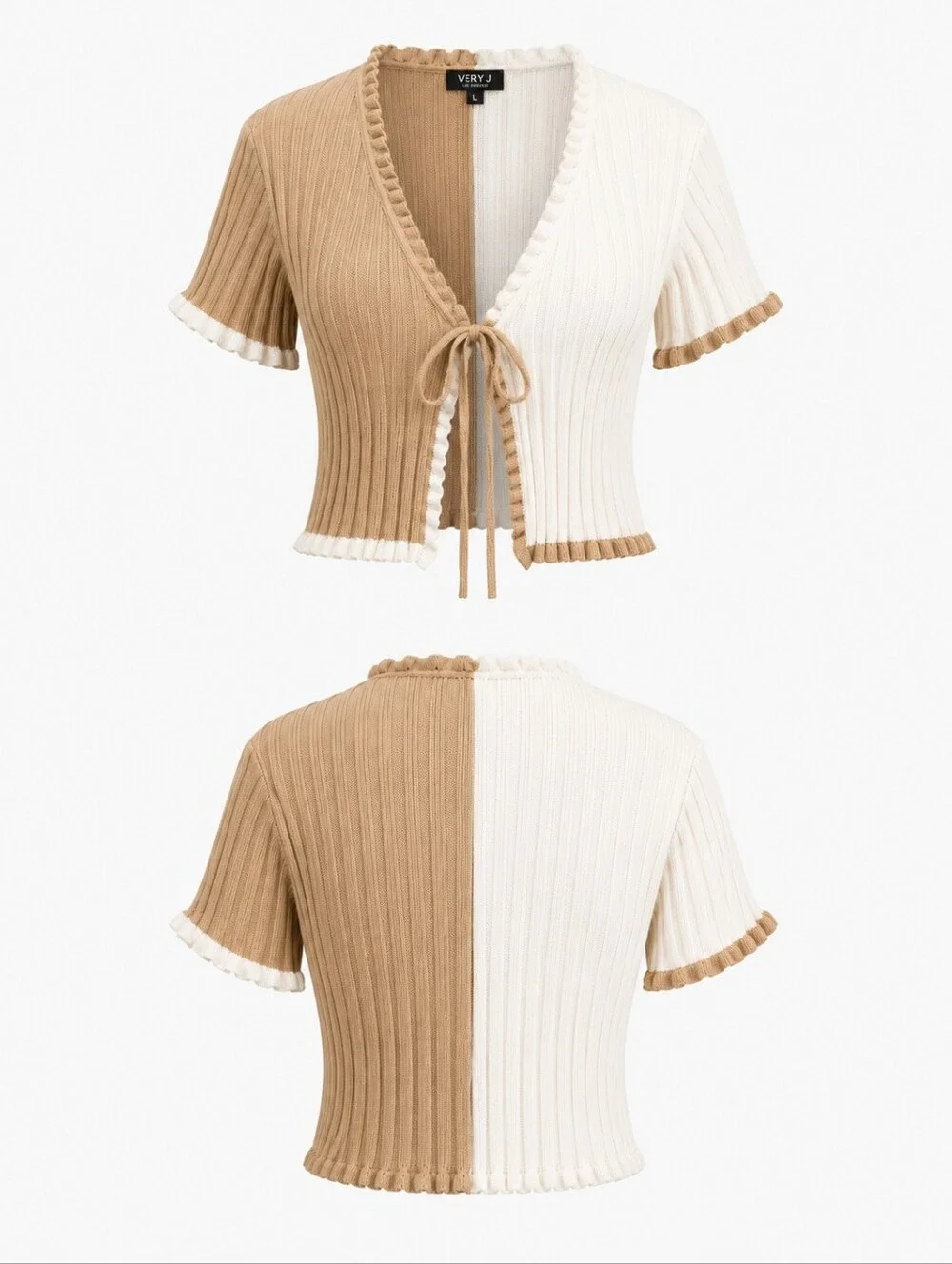 Tie-Front Rib Knit Cardigan | Cream Tan Ruffle Trim | L |Like New - Picture 2 of 10